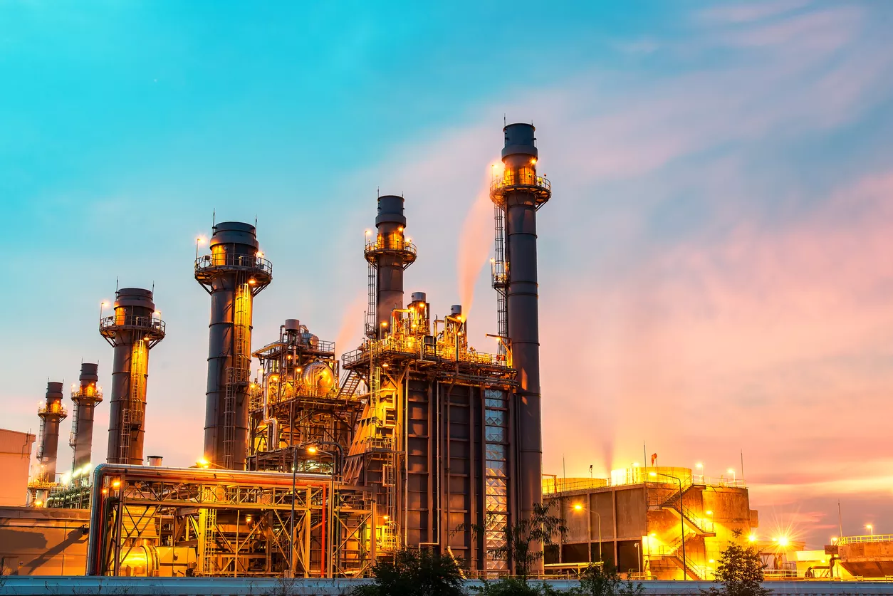 Oil refinery at night.