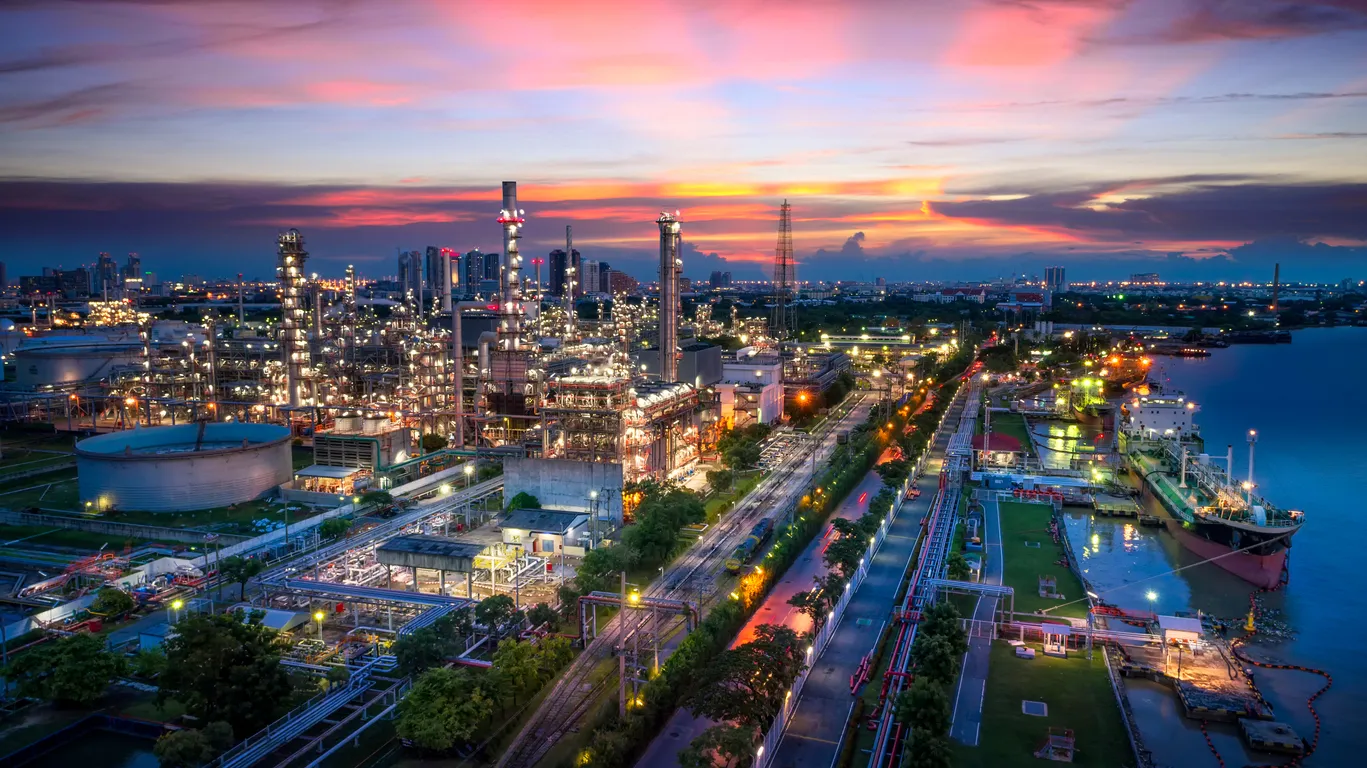 Oil refinery at dusk.